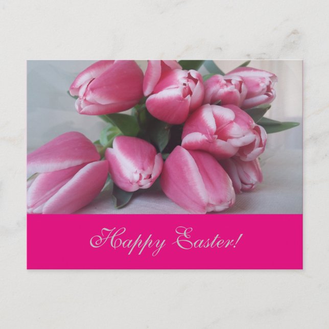 Glad påsk Rosa Tulips Flower Bouquet Card Helg Vykort (Framsida)