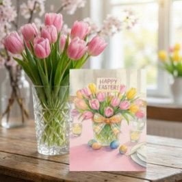Glad Påsk Rosa Tulpaner Familjelyckönskningskort
