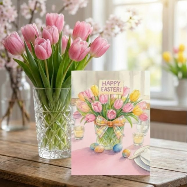 Glad Påsk Rosa Tulpaner Familjelyckönskningskort (Charming Easter postcard enlarged to show beauty and detail.  Personalize message on backside)