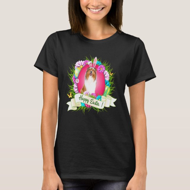 Glad påsk Rough Collie Wearing Bunny Ear Eggs C. T Shirt (Framsida)