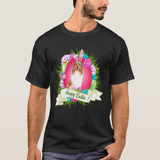Glad påsk Rough Collie Wearing Bunny Ear Eggs C. T Shirt (Framsida)