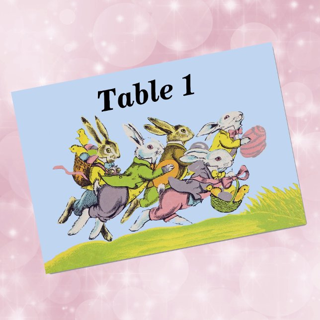 Glad påsk Running Pastel Rabbits Bordsnummer (Group of Easter bunnies with eggs baskets running in grass on sky blue event table cards.)