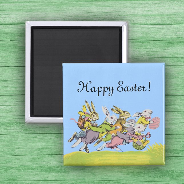 Glad påsk Running Pastel Rabbits Magnet (Group of running Easter Bunnies in clothes with eggs and baskets in grass on a magnet.)