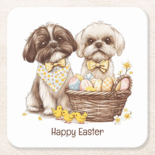 Glad påsk Shih Tzu hundar Underlägg Papper Kvadrat