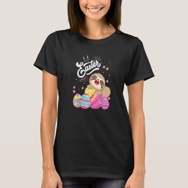 Glad påsk Sloth med äggjakt på svärdväxt T Shirt (Framsida)
