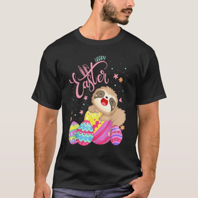 Glad påsk Sloth with Eggs Hunday Cute Bunn T Shirt (Framsida)
