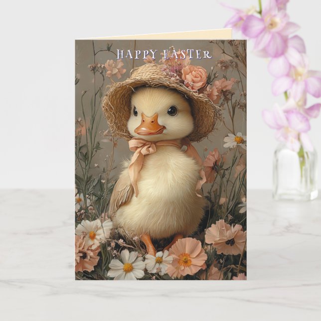 Glad Påsk Söt Anka Halmhatt Rosa Blommor Kort (Orkide)