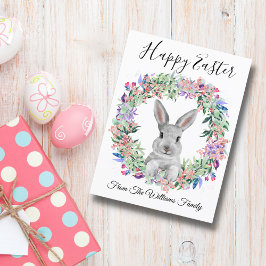 glad påsk söt bunny och blommigt krandfamilj vykort