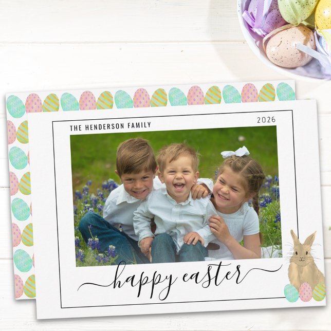 Glad Påsk Söt Kanin Barn Foto Julkort (Watercolor cute Easter bunny kids photo holiday flat card Whimsical elegant modern script)