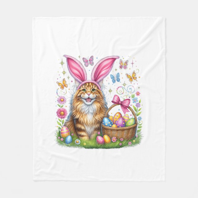 Glad Påsk Söt Kanin Maine Coon Katt Påskägg Fleecefilt (Framsidan)
