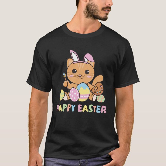 Glad Påsk Söt Katt För Påsk Med Påskägg T Shirt (Framsida)