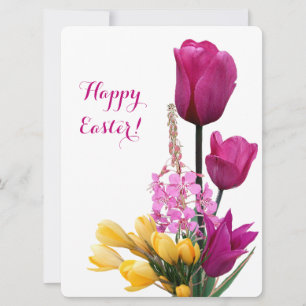 Glad påsk söt rosa tulips gult crocus roligt julkort