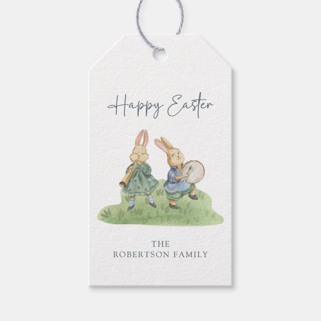 Glad påsk, söta akvarellkaniner, vit bakgrund presentetikett (Framsidan)