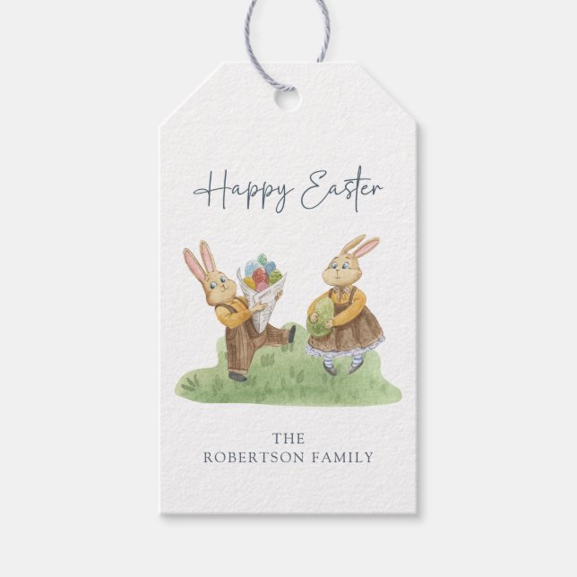 Glad Påsk, söta kaniner, akvarell Påsk  Presentetikett (Framsidan)
