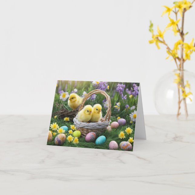 Glad påsk Söta luddiga gula kycklingar och påsk  Kort (Gul blomma)