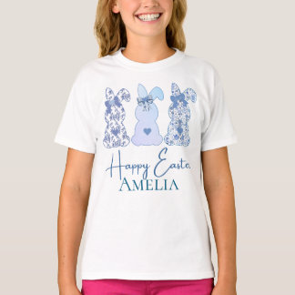 Glad påsk Three Bunny Blommigt Blue Personlig T Shirt