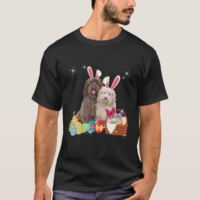 Glad påsk Three Cockapoo Wearing Bunny Ear Hund T Shirt (Framsida)