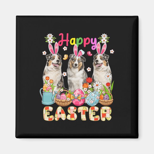 Glad påsk Three Cute Bunny Australian shepherd Magnet (Framsidan)