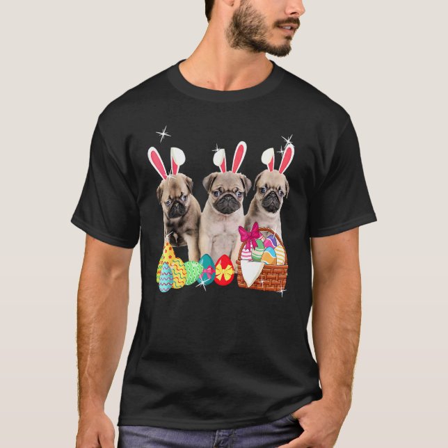 Glad påsk Three Pug Wearing Bunny Ear Hund T Shirt (Framsida)