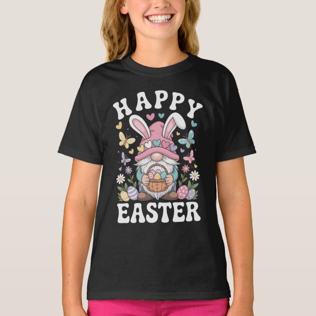 Glad Påsk Tomte Med Kaninöron Färgglada Ägg  T Shirt (Framsida)