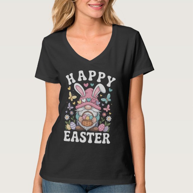 Glad Påsk Tomte Med Kaninöron Färgglada Ägg  T Shirt (Framsida)