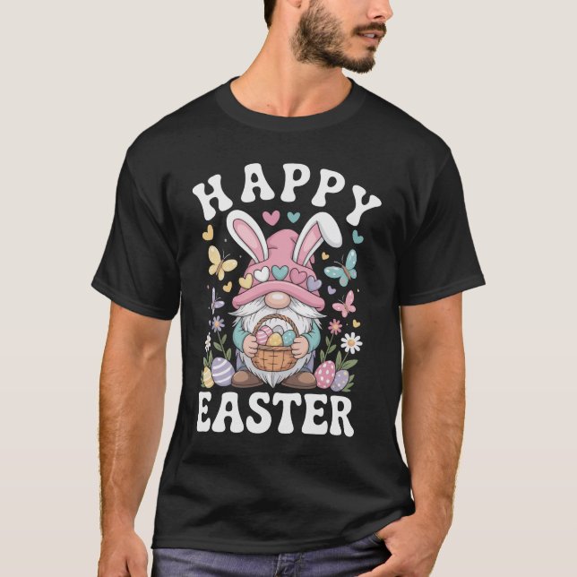 Glad Påsk Tomte Med Kaninöron Färgglada Ägg  T Shirt (Framsida)