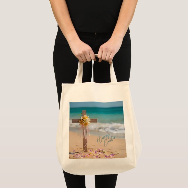 Glad Påsk Träkors med Liljor på Strand Tygkasse (Framsida (produkt))