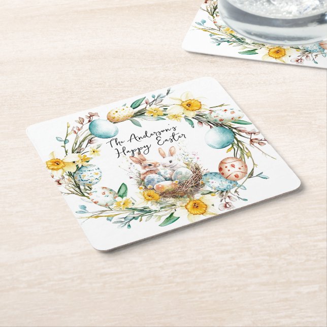 Glad påsk två bannier och blommigt Påsk Underlägg Papper Kvadrat (Vinklad)