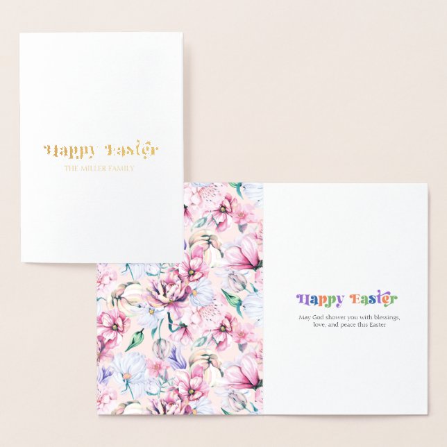 Glad påsk Typografi Pastel Flowers Mönster Folierat Kort (Display)