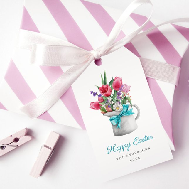 Glad påsk Vår Tulip Blue Ribbon Anpassade Presentetikett (Skapare uppladdad)