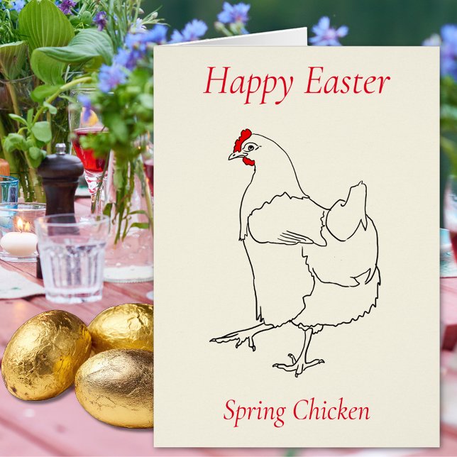 Glad Påsk Vårkyckling Minimalistisk Linje Konst Hälsningskort (Happy easter spring chicken cute hen minimalist line art drawing Folded holiday greetings card)