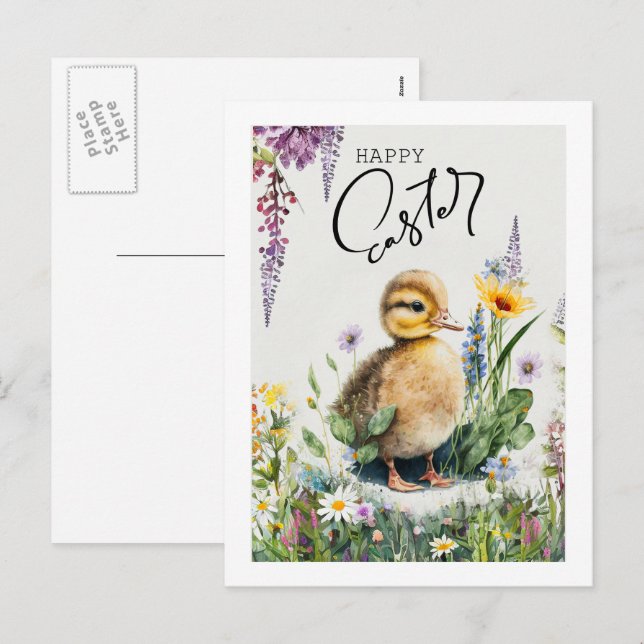 Glad påsk. Vattenfärg Cute Duckling Helg Vykort (Fram/baksida)