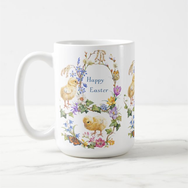 Glad påsk Vattenfärg Kycklingar Blommig Krans Kaffemugg (Vänster)