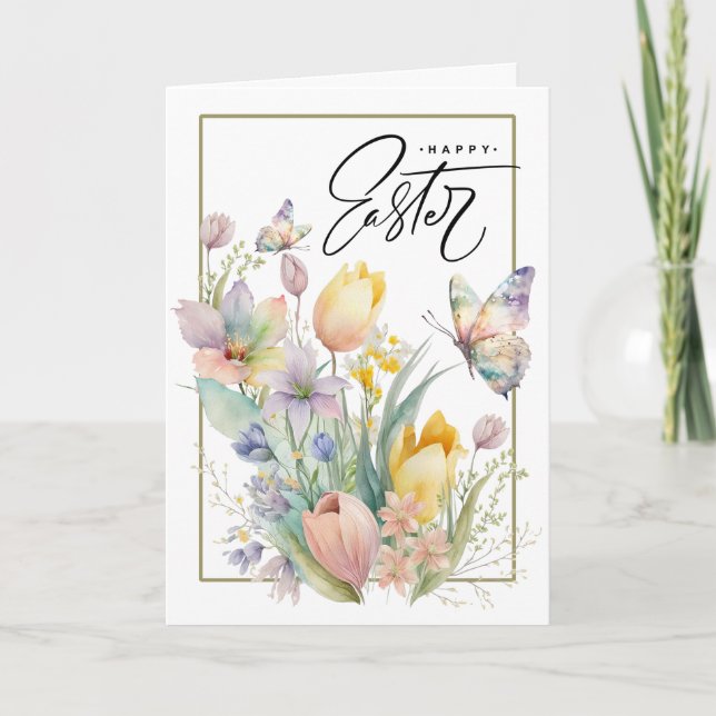 Glad påsk. Vattenfärgstuppar och fjäril Helgkort (Framsida)