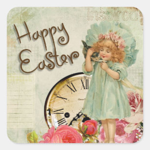 Glad påsk Vintage Girl & Pocket Watch Stickers Fyrkantigt Klistermärke
