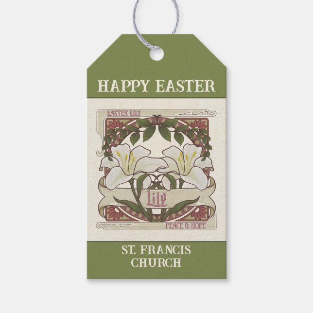 Glad påsk: Vintagen Lily Church: Peace & Hope Presentetikett (Framsidan)