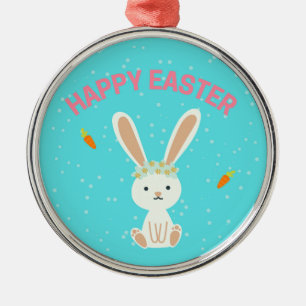Glad påsk, vit bunny, blå julgransprydnad metall