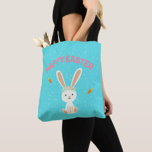 Glad påsk, vit bunny, blå tygkasse