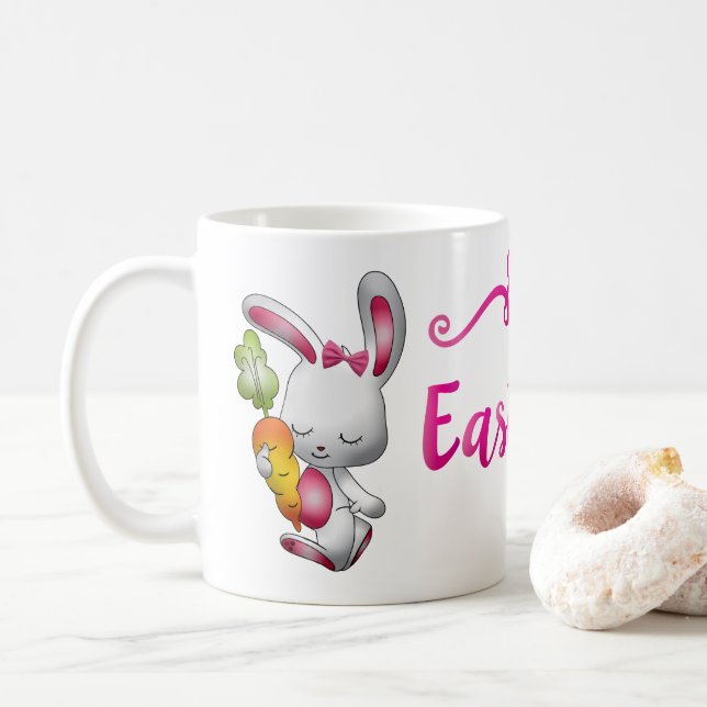 Glad påsk Vit kanin Rosa manus Personlig Kaffemugg (Med munk)
