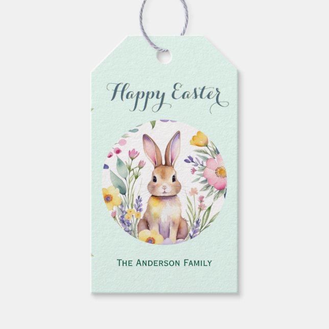 Glad påsk Watercolor Bunny Mint Grönt Presentetikett (Framsidan)