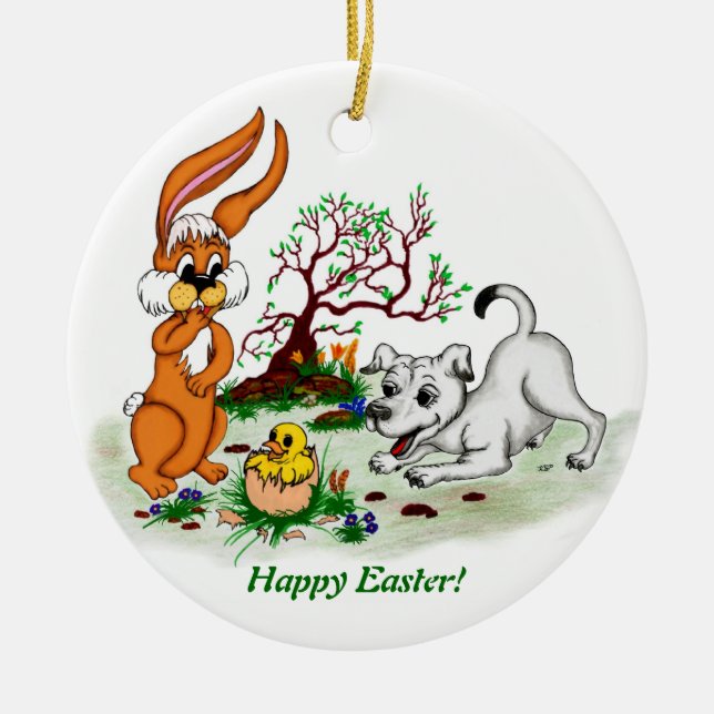 Glad påsk! Welpe, Küken, Hase Julgransprydnad Keramik (Framsidan)