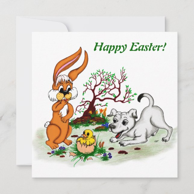 Glad påsk! Welpe, Küken, Hase Julkort (Framsida)