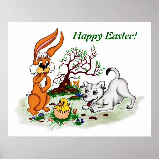 Glad påsk! Welpe, Küken, Hase Poster (Framsidan)