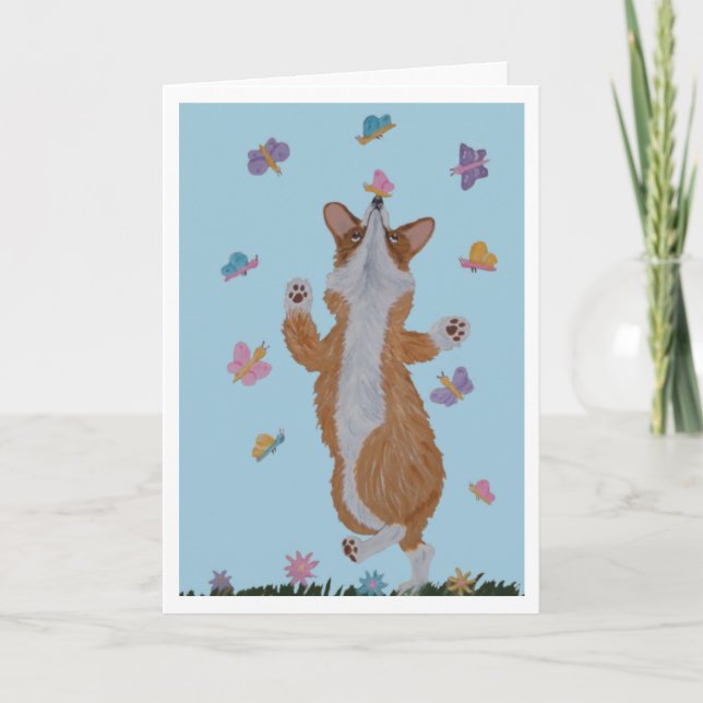 Glad Påsk Welsh Corgi och Fjärilar Kort (Framsida)