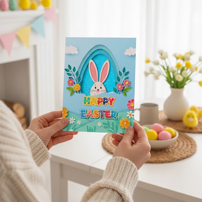 Glad påsk | Whimsical påskhare och blommor Helg Vykort (Skapare uppladdad)