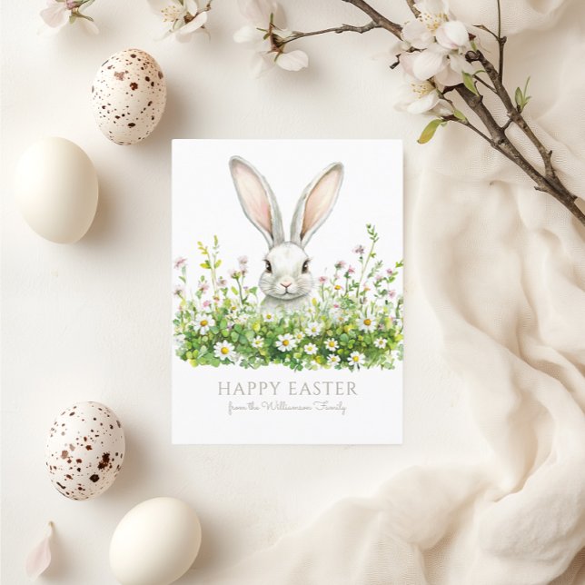Glad påsk White Bunny Blommigt Personlig Helg Vykort (See the collection for matching items)