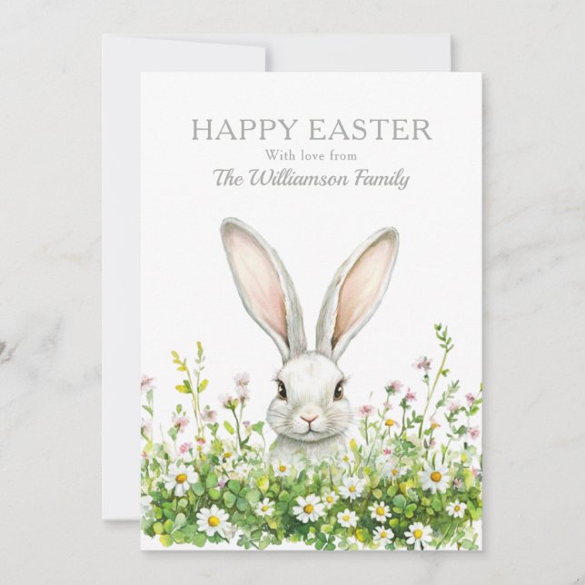 Glad påsk White Bunny Blommigt Personlig Julkort (Framsida)