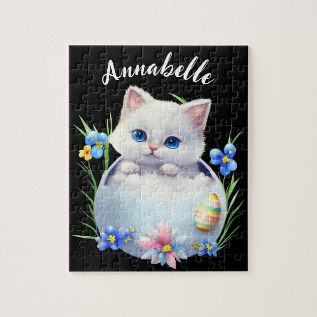 Glad påsk White Kitten med blommor Pussel (Vertikal)