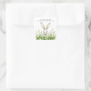 Glad påsk White Rabbit Blommigt Personlig Fyrkantigt Klistermärke