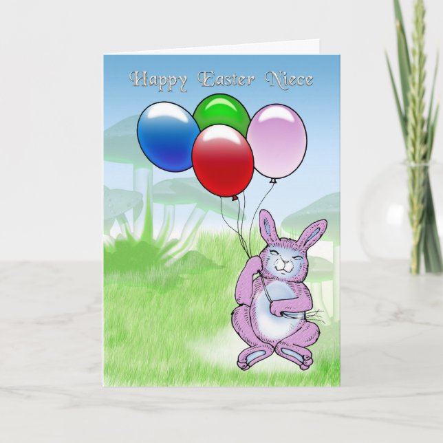 Glad påskbrorsdotter med kanin och ballonger helgkort (Framsida)